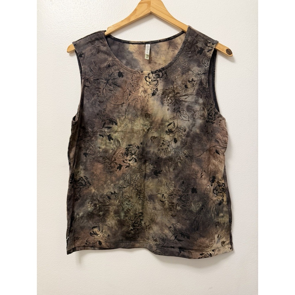 Y2K White Stag AOP Flower Glitter Tank Top Women's Large Brown Black Sleeveless